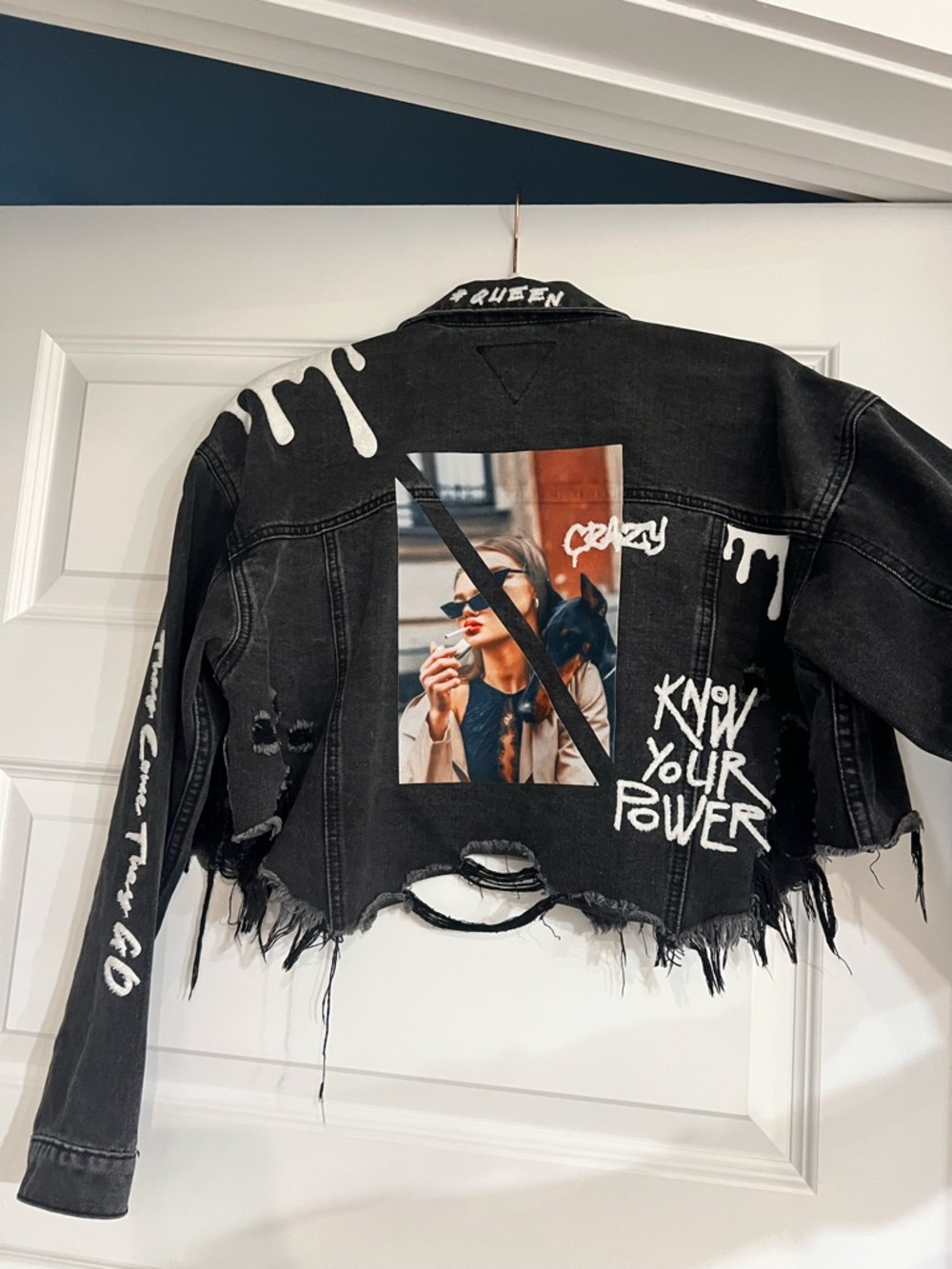 Trio New York Distressed Black Graphic Denim Jacket with Photo Patch